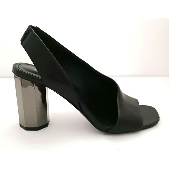 Donald Pliner Ella Blk Leather Metallic Smoke Hex Column Heel Sandal 7M Dustbag - Picture 4 of 13